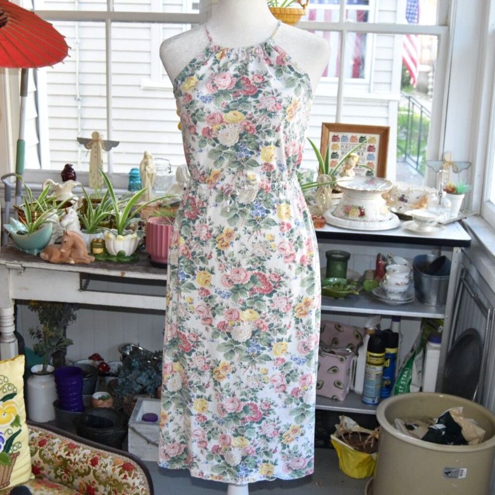 Polo Ralph Lauren Floral Halter Dress Cottagecore Midi White Women's M 8-10